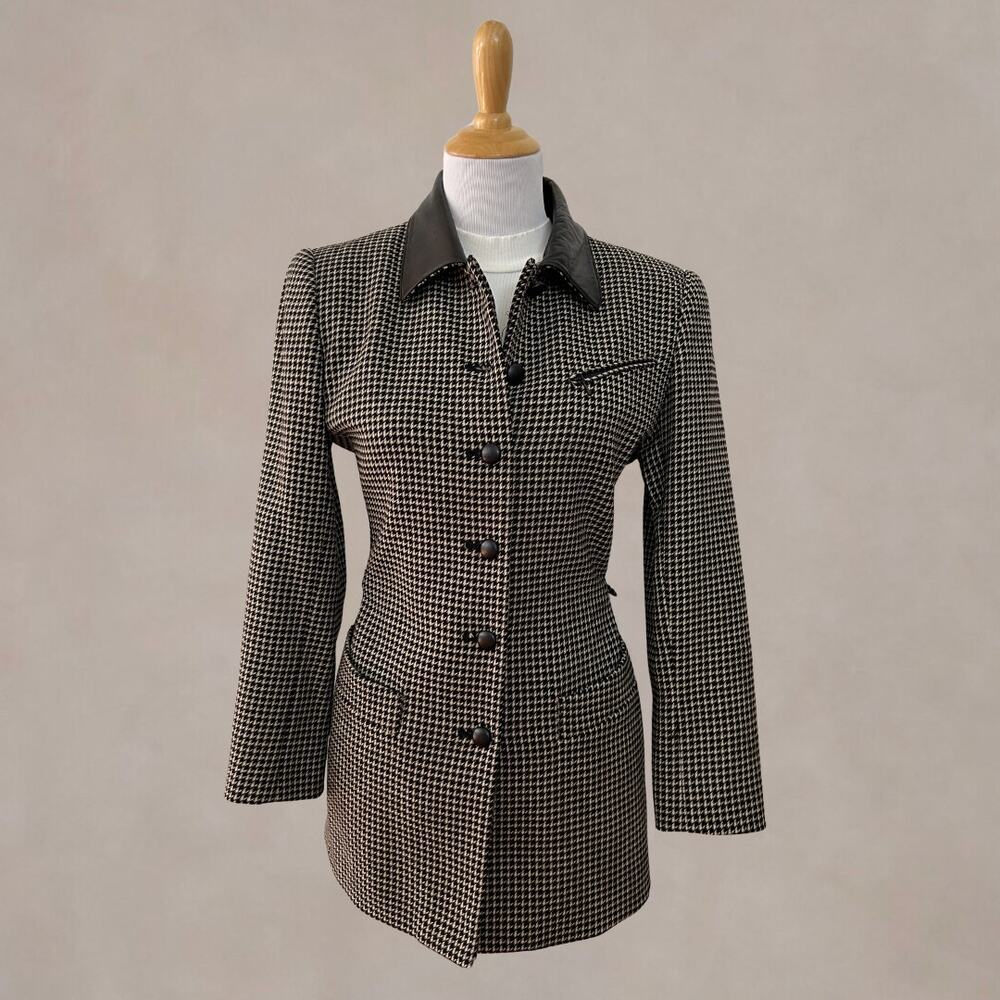 Vintage 90s Dana Buchman Wool Houndstooth Long Blazer Leather Collar Petite 10